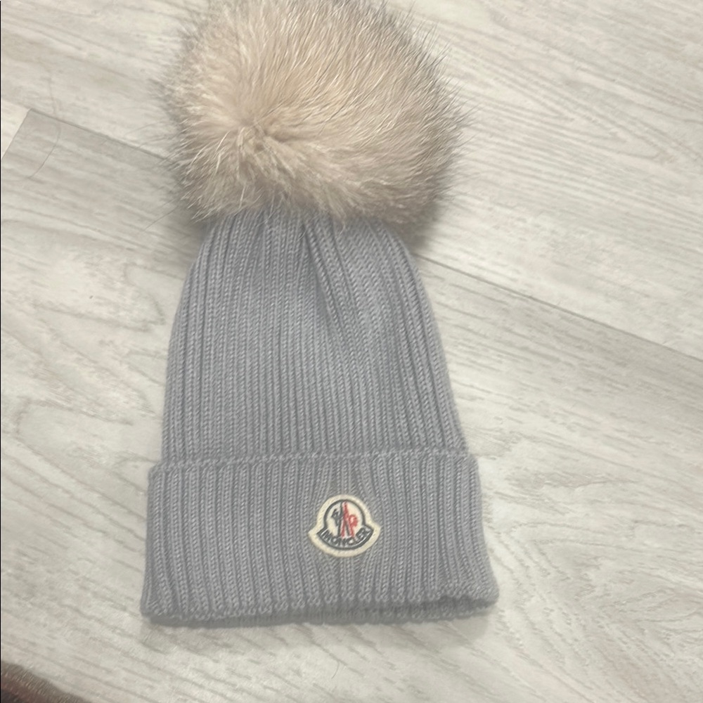 Moncler Gray Knit Beanie with Fur Pom Pom